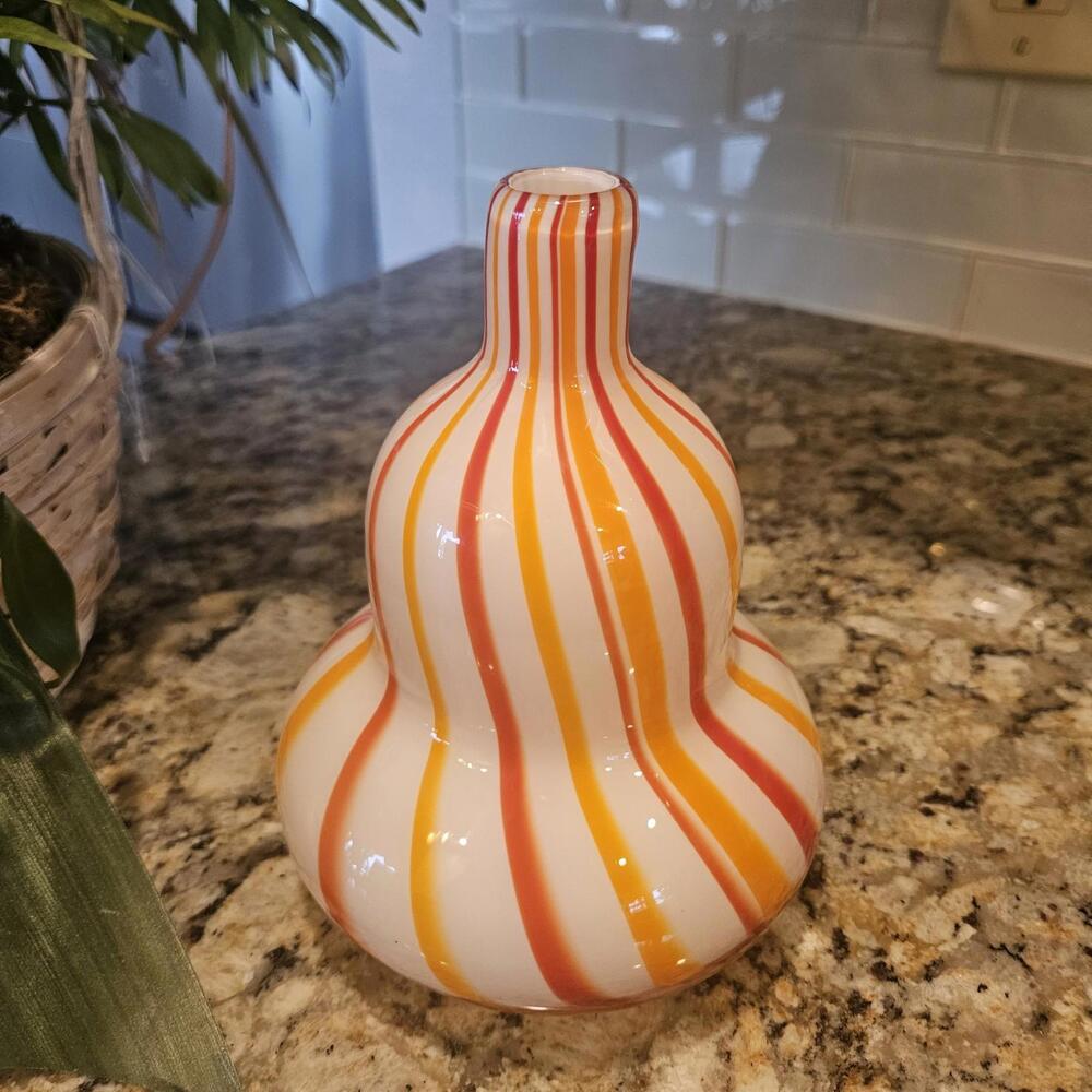 Vintage Orange Striped Handblown Murano Style Italian Art Glass Gourd Vase - Picture 4 of 6